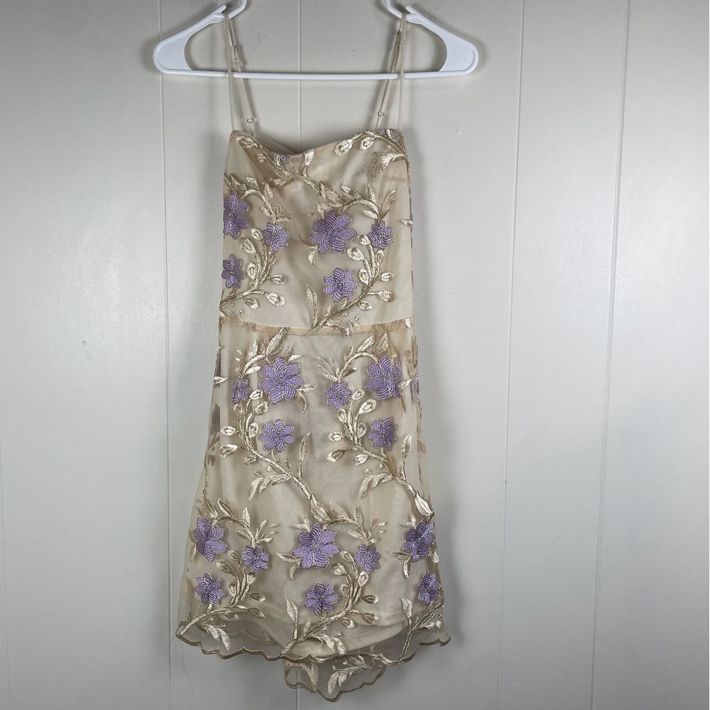 Lucy in the Sky Floral Embroidered Mesh Dress Lavender‎ Purple Gold Beaded Bow